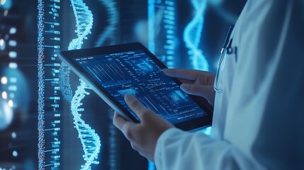 Medical Technology Doctor using digital tablet with DNA genetics medical research science and experiment  Healthcare and medicine concept innovation health technology global health car : Generative AI