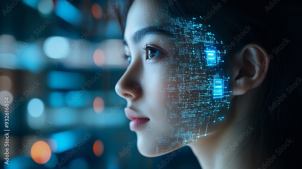 Aufkleber Education technology and AI Artificial Intelligence concept Women use laptops Learn lessons and online webinars successfully in modern digital learning  Courses to develop new skills : Generative AI
