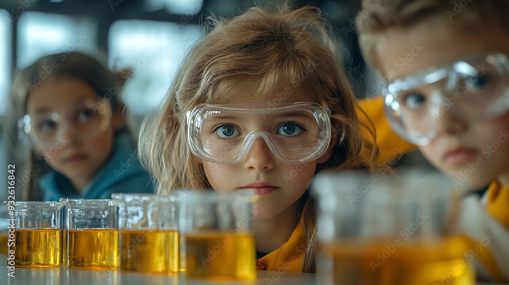 Poster elementary school students sitting behind a table in a group conducting a biology experiment for a s