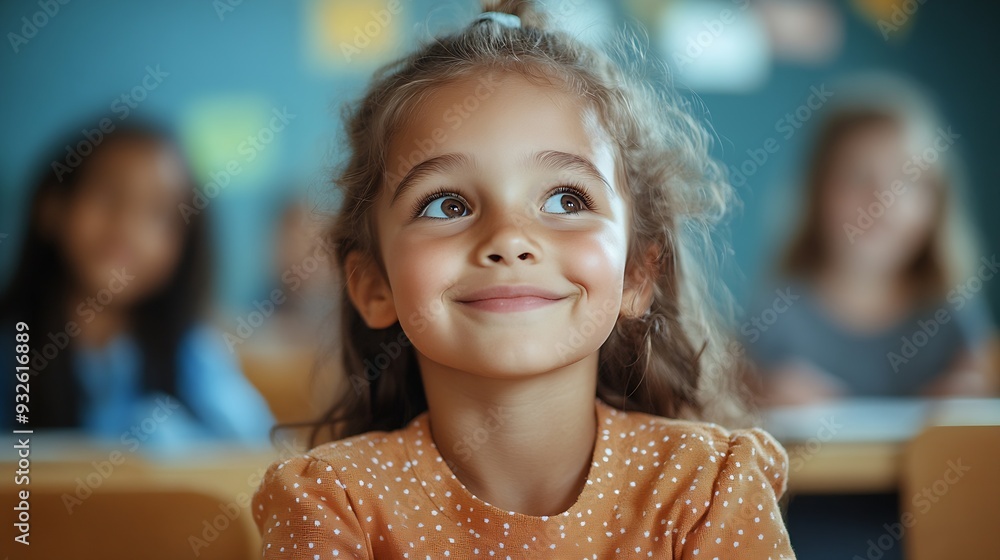 Poster talented small girl asking teacher a question in class portrait of a happy elementary school student
