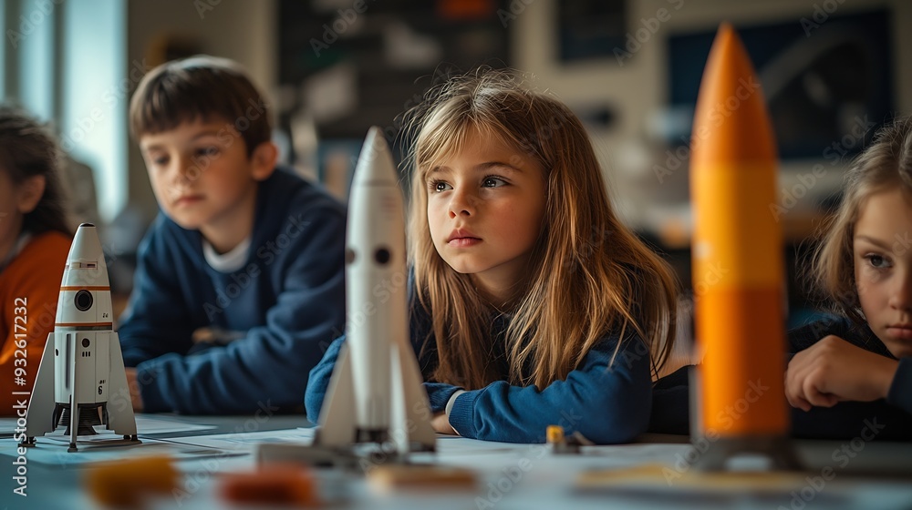 Poster Elementary School Students Sitting Behind a Table in a Group Building a Space Rocket Model for a Science and Technology Fair Young Boys and Girls Wish to Become Engineers and Space Exp : Generative AI