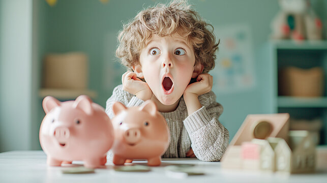 Surprised child with curly hair looking at two piggy banks on a table