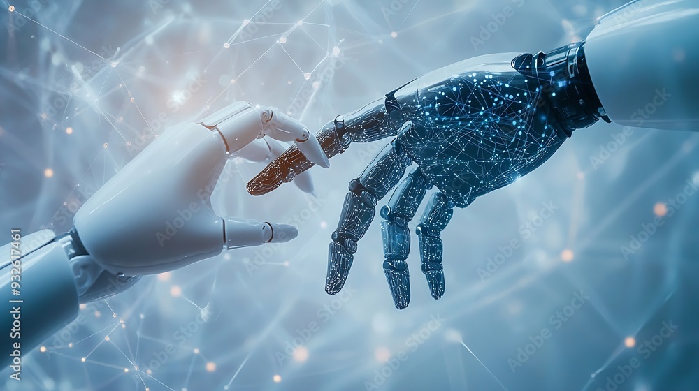 Aufkleber AI Machine learning Hands of robot and human touching on big data network connection background Science and artificial intelligence technology innovation and futuristic : Generative AI