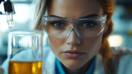 Woman beaker or scientist in laboratory for science innovation life expectancy or antiaging medicine Futuristic medical or healthcare biologist with chemistry liquid in research or exa : Generative AI