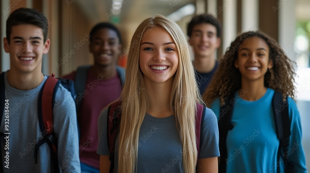 Poster a diverse group of five students happily walk through a college hallway displaying friendship and te