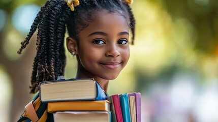 Black girl portrait and books for learning in outdoor confident and backpack for education Female person student and back to school for study or knowledge information and child develop : Generative AI
