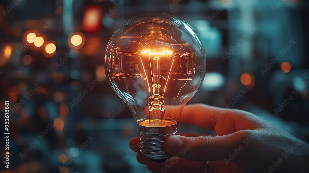 Poster online education course or elearning technology conceptman holding light bulb on virtual screen trai