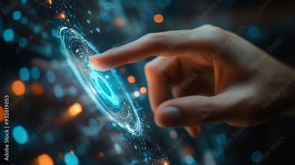 Poster Chat with AI or Artificial Intelligence technology Man touching chatting virtual with an intelligent artificial intelligence asks for answers he wants Smart assistant futuristic Chatbo : Generative AI