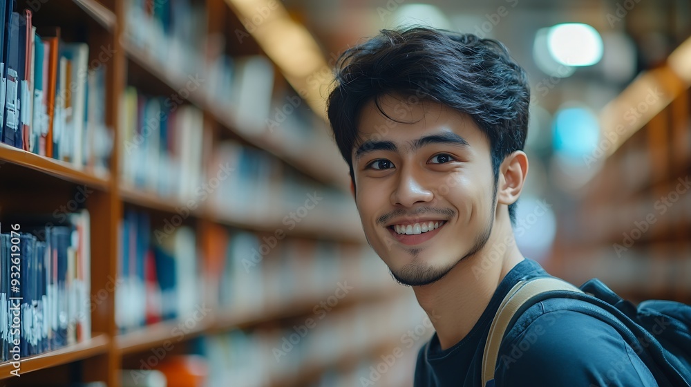 Poster Student man and happy with portrait in library for writing scholarship and studying for exam knowledge Gen z person and smile for learning education and research notes for university a : Generative AI