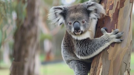 Obraz premium Wildlife scene of a koala climbing a eucalyptus tree