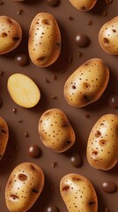 Obraz premium illustration of whole and sliced potatoes pattern on vertical brown background, seamless tile pattern