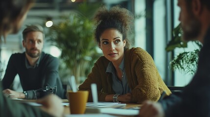 Diverse group of professionals engaged in a work conference showcasing teamwork and collaboration in a modern office environment : Generative AI