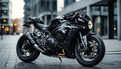 A black sports motorcycle is parked on a city street surrounded by modern buildings.