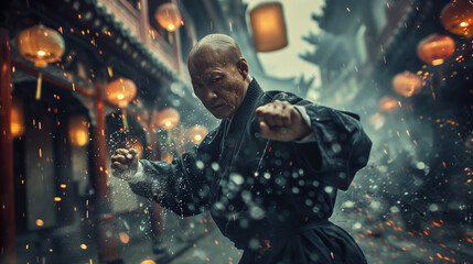 Obraz premium Master of Chinese Martial Arts in the Rain: Graceful Power and Poise Amidst the Drizzle, Displaying the Art of Kung Fu