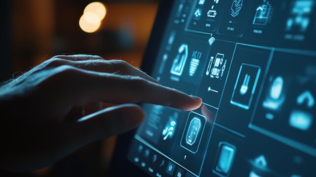 A close-up of a person's hand using a touchscreen interface to control smart home lighting and temperature, with the screen displaying various options and settings, highlighting the customization and