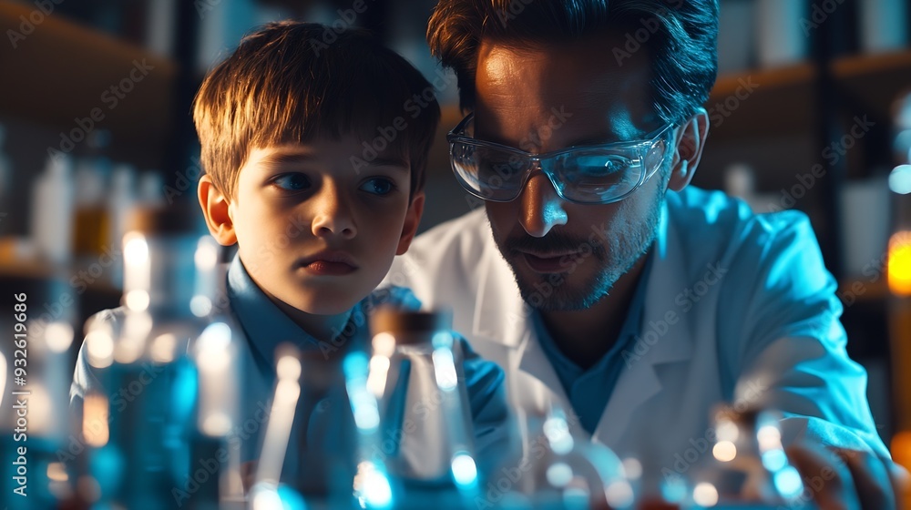 Aufkleber Teacher support schoolboy in laboratory Schoolboy and teacher stand and experiment about science of chemistry in STEM class using liquid in glass container Instructor mixing solution E : Generative AI