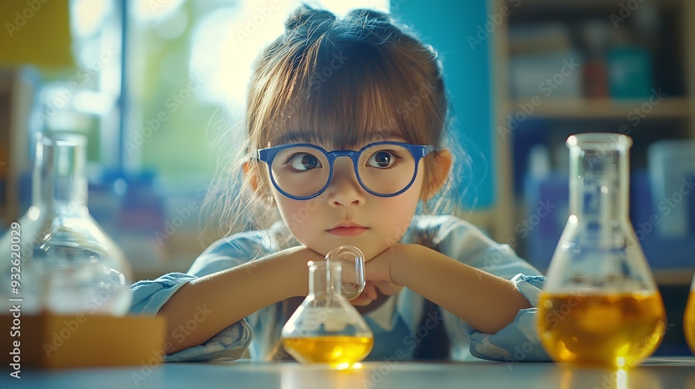 Aufkleber girl classroom and science beaker for learning education and test with smart or intelligent child st