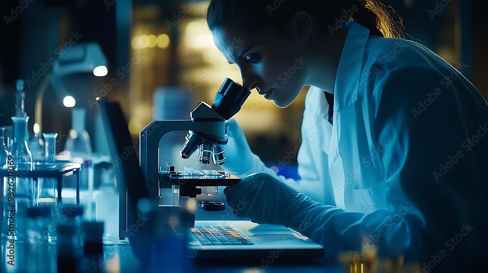 Poster science microscope and laptop in lab with research for sample analysis medical experiment or dna tes