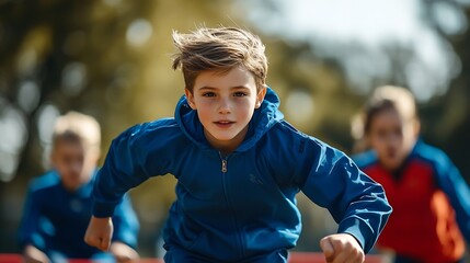 Teenagers on physical education training with a coach Sporty kids exercising and jumping over hurdles on the training field Sport school training for elementary age class : Generative AI