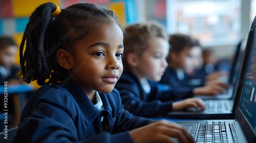 Aufkleber Group of TechSavvy Primary School Children Working on Their Laptop and Tablet Computers in Class Young Female Teacher Educating Kids on Internet Safety Basic Programming Languages and  : Generative AI