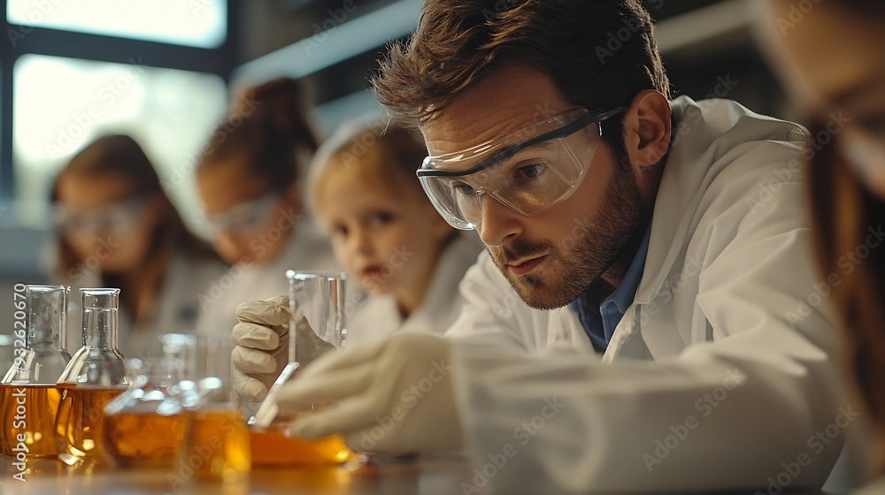 Aufkleber Teacher and students Learn and experiment with science in a school science classroom : Generative AI