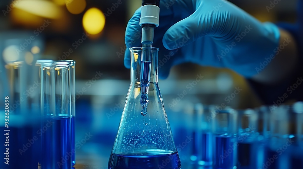 Aufkleber closeup hands dropping fluid from dropper flask beaker into blue test tube sample laboratory for com