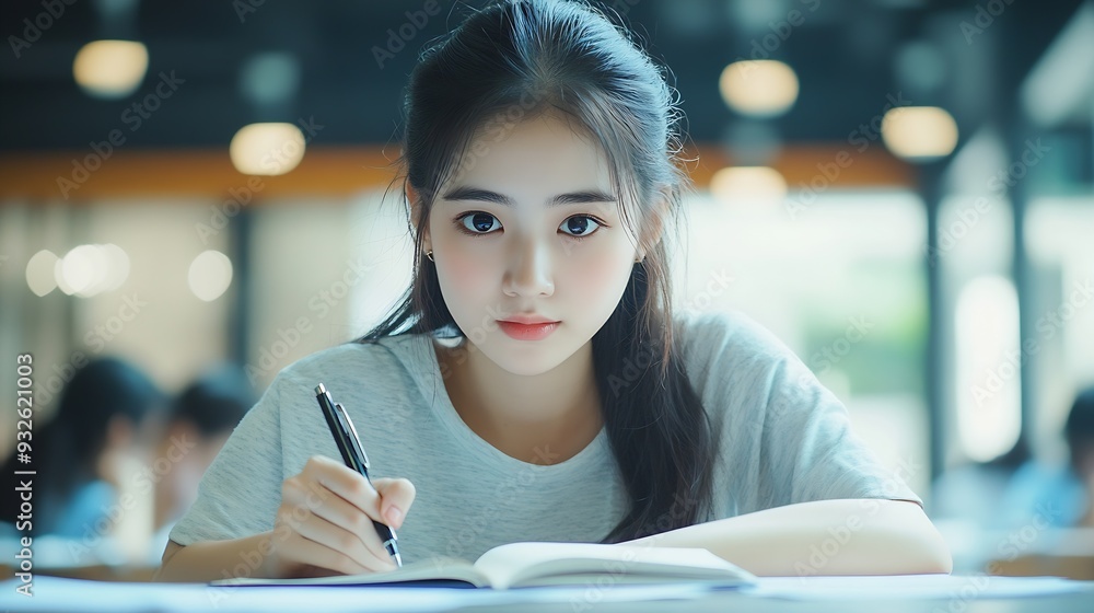 Poster woman students and writing with test in classroom for exam study or assignment at university female 