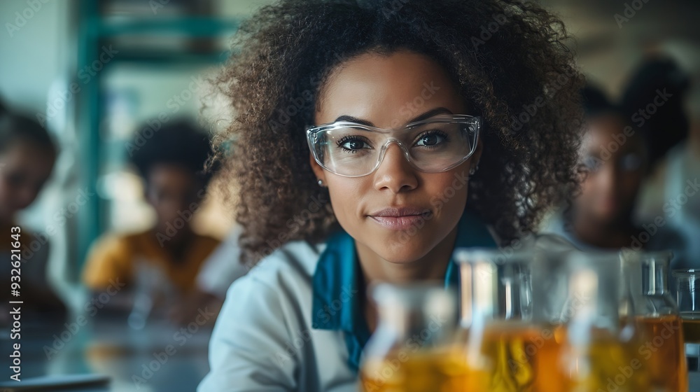 Aufkleber Education learning or science with teacher and students at table in laboratory for experiment or reaction Classroom school or study with woman scientist and children at academy for dev : Generative AI
