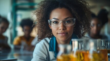 Education learning or science with teacher and students at table in laboratory for experiment or reaction Classroom school or study with woman scientist and children at academy for dev : Generative AI