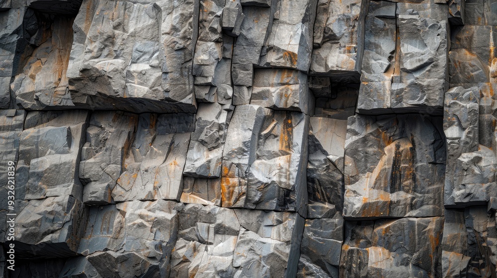 Poster abstract rock cliff background with copy space showing dangerous vertical wall with crumbling stone 