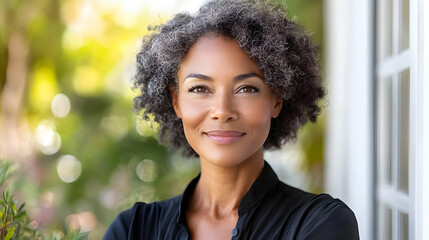 Fototapeta premium A confident woman with curly hair smiles outdoors.