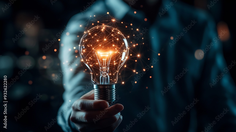 Poster AI Artificial Intelligence Technology concept Businessman holding a glowing lightbulb with AI symbol representing artificial intelligence technology innovation and future digital advan : Generative AI
