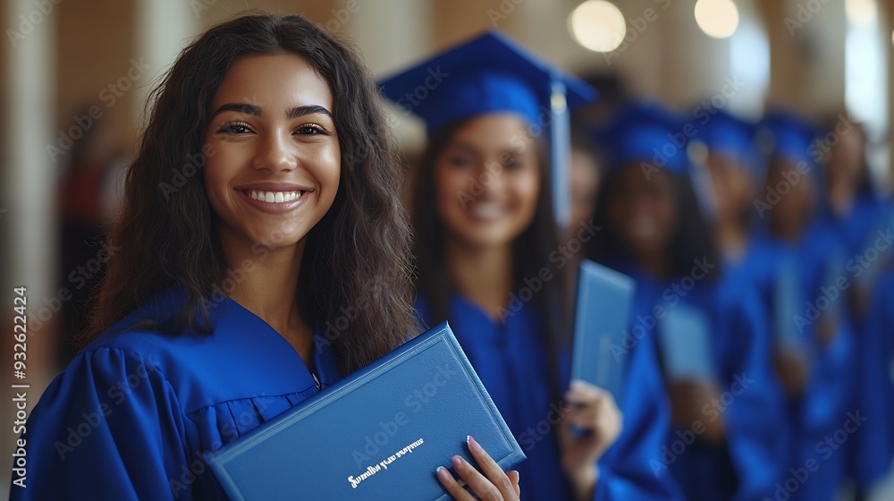 Poster portrait of a group of smiling happy multiracial diverse graduates students standing in a row in a b