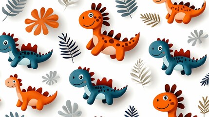 Isometric view of happy dinosaurs in a playful pattern, doodle style, copy space for text,