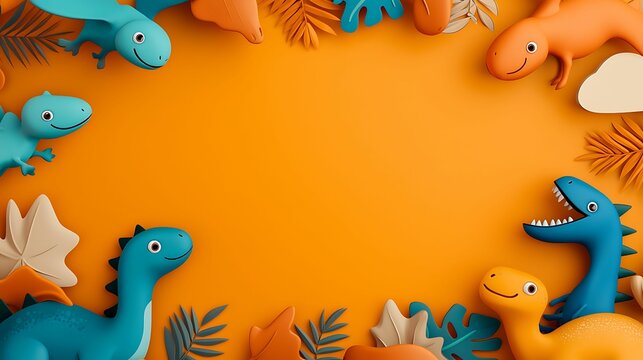 Semi close-up of playful dinosaur doodles, friendly and vibrant, copy space for text,