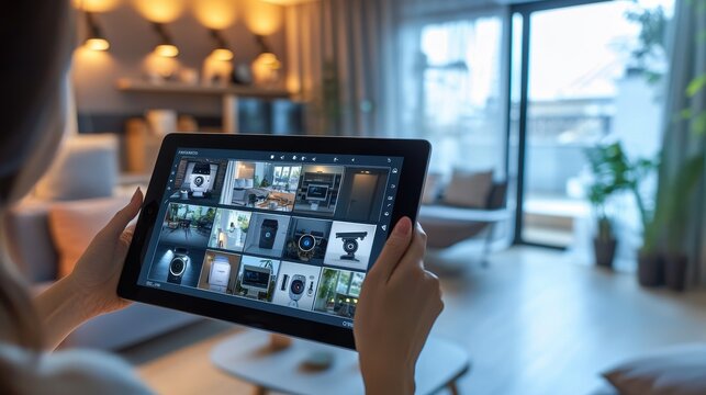 A smart home security interface on a tablet, displaying real-time video feeds and notifications from various smart cameras and sensors around the house, with a user adjusting settings remotely,