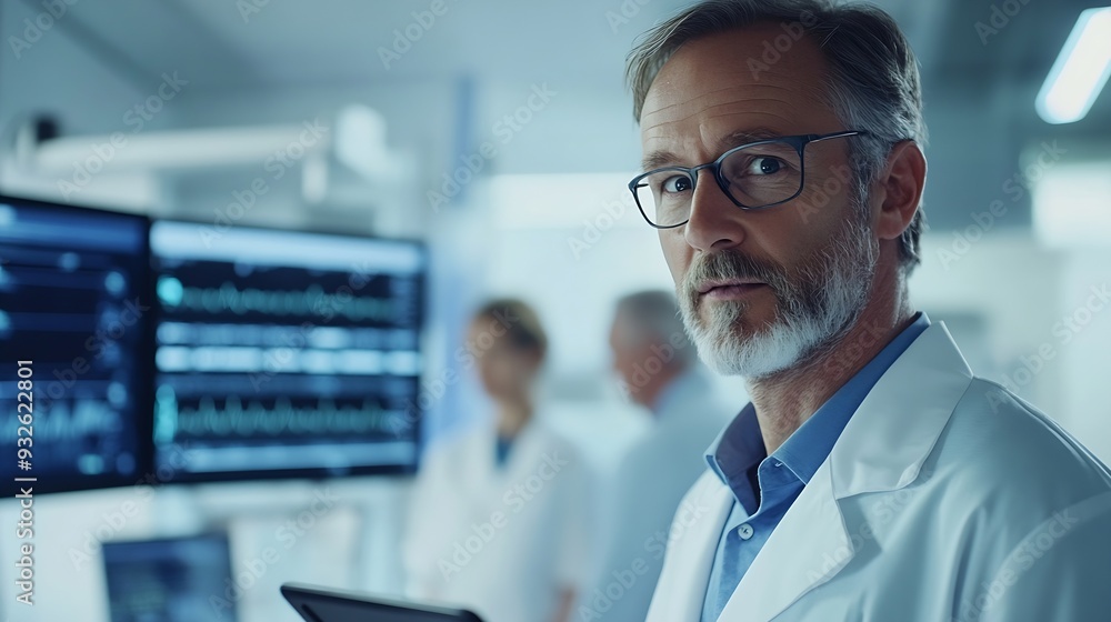 Poster planning tablet and teamwork in a hospital with a mature manager with healthcare workers with tech c
