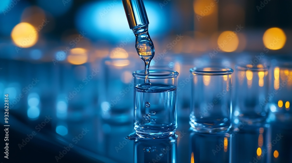 Aufkleber Dripping liquid from pipette into test tube on blurred background closeup : Generative AI