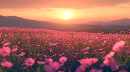 Pink wildflowers bloom in a field at sunset with distant mountains.