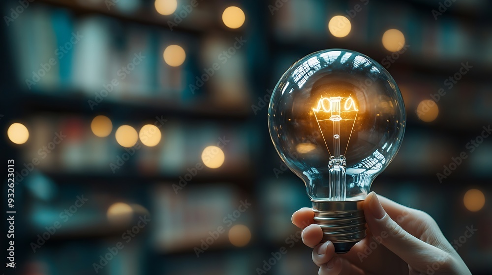 Poster Man hand holding lightbulb with learning educate and graduation concept study knowledge to creative thinking idea and problem solving solution Elearning online education course degree  : Generative AI