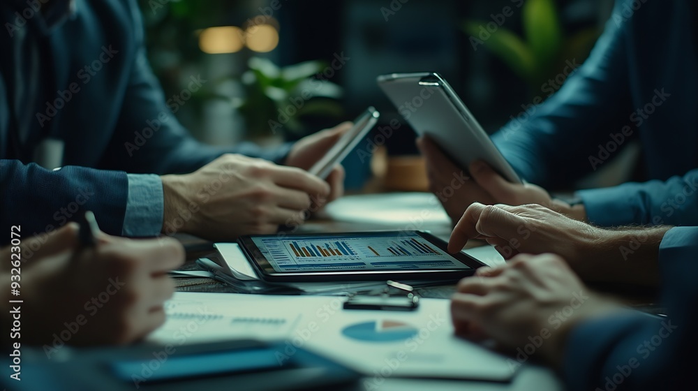 Aufkleber tablet teamwork and business people in office planning and brainstorming with financial report group