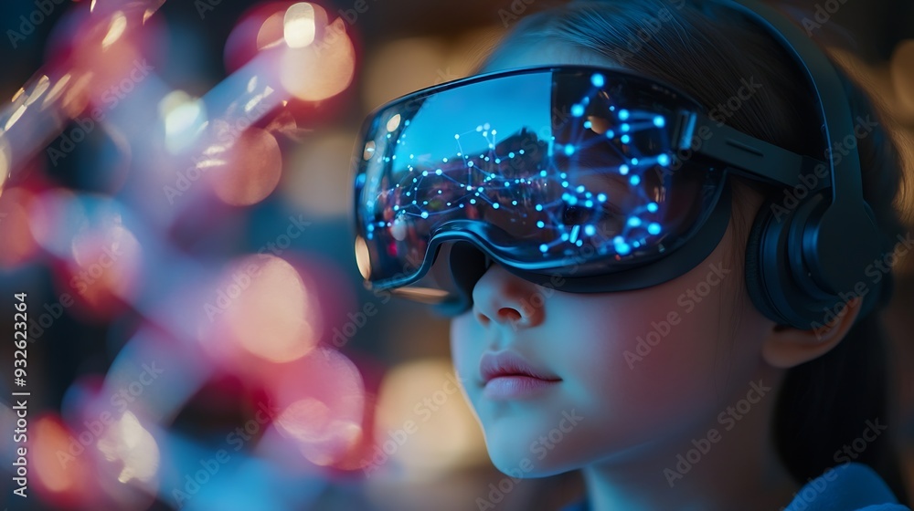 Poster child explores molecular models with vr glasses girl wearing reality headset interacts with 3d molec