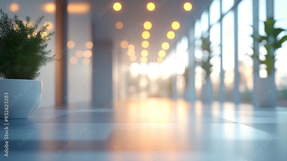 Poster blurred empty open space office abstract light bokeh at office interior background : generative ai
