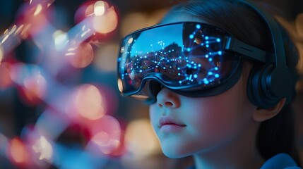Child Explores Molecular Models with VR Glasses Girl Wearing Reality Headset Interacts with 3D Molecule Immersive STEM Education : Generative AI