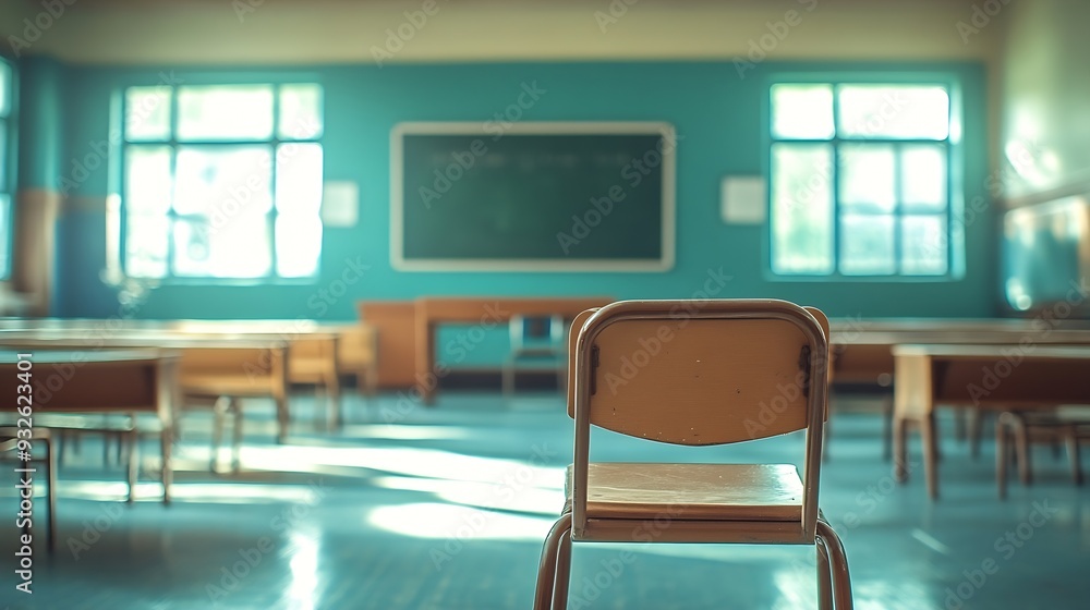Poster blur background of interior design of empty classroom with blackboard empty classroom with desk chai