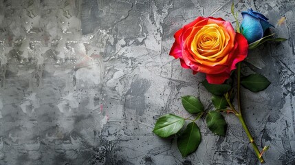 Rose with rainbow flag colors on gray rustic background