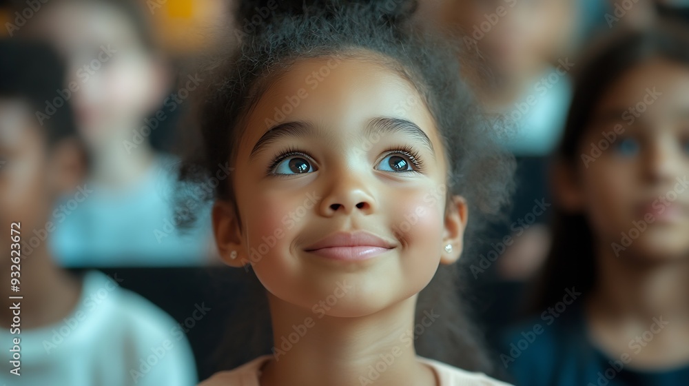 Poster talented small girl asking teacher a question in class portrait of a happy elementary school student