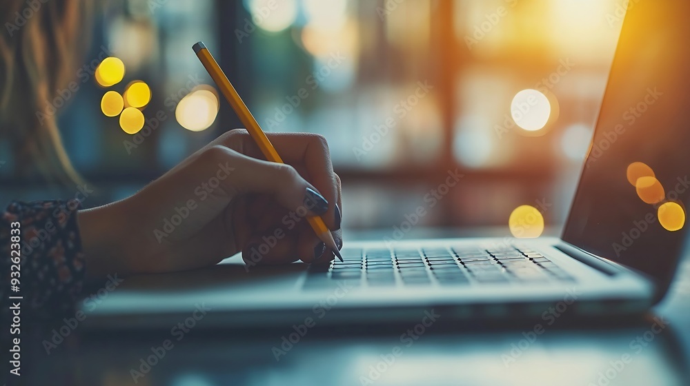 Aufkleber woman hand with pencil writing on notebook with laptop computer on office table student studying onl