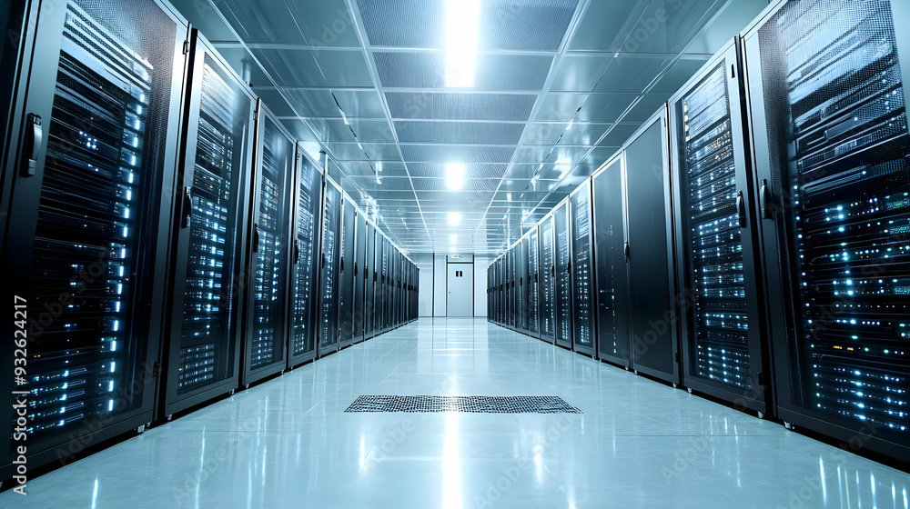 Poster a corridor lined with server racks in a data center.