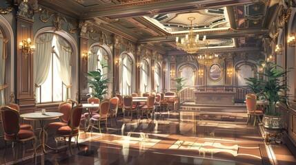 Fototapeta premium The interior of a lavish anime restaurant showcases ornate details, elegant furnishings, and an inviting atmosphere for guests